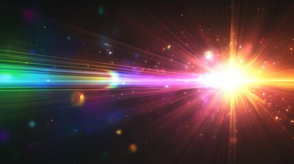 Obraz premium Shiny, iridescent light on a black background with prism and lens flare effects, creating a stunning and colorful glow ideal for digital art and creative projects.