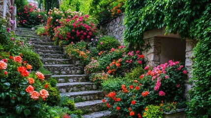 Naklejka premium Beautiful Garden Pathway Surrounded by Vibrant Flower Blooms