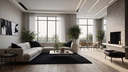 Fototapeta premium Modern contemporary black and white living room with plush couch intricate rug and panoramic windows adding brightness to the home’s sleek interior design
