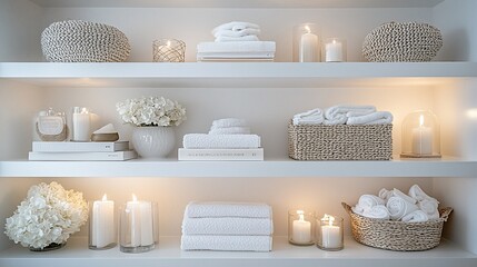 Luxurious white towels, candles, and hydrangeas arranged on a modern shelf.
