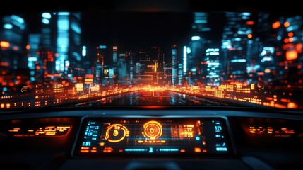 Futuristic city night drive, digital dashboard view.