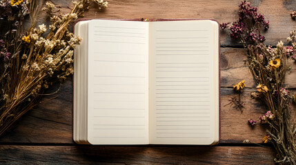 Open Blank Notebook with Dried Flowers on Wooden Table ai generative