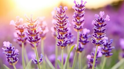 Naklejka premium Soft-focused lavender flowers in bloom at sunset, lit by warm sunlight. Ideal for showcasing fragrant lavender fields, aromatherapy, or nature-inspired summer landscapes.