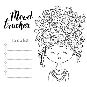 Mood tracker blank with hand drawn lettering and floral sketch. Bullet journal or monthly planer template. Printable organizer, diary, planner for important goals