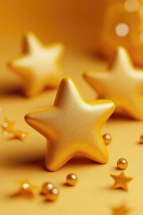 A single glittery golden star among a scattering of other stars on a yellow surface.