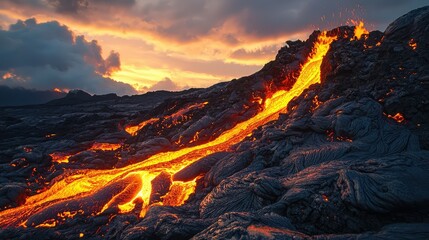 Obraz premium Molten Lava Flowing from Volcano at Sunset with Dramatic Clouds