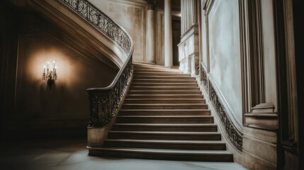 Obraz premium Elegant Curved Staircase in Historical Building with Ornate Railing