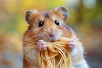 Hamster is eating spaghetti
