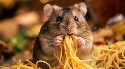 Fototapeta premium Hamster is eating spaghetti