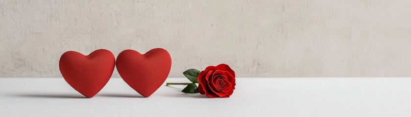 Valentine Elements Celebrating Love and Cherished Memories, Two red decorative hearts beside a rose against a neutral background, symbolizing love and affection.
