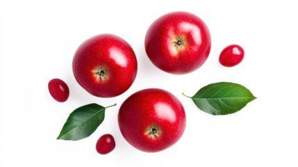 Three red apples with green leaves on top of a white background on transparent background