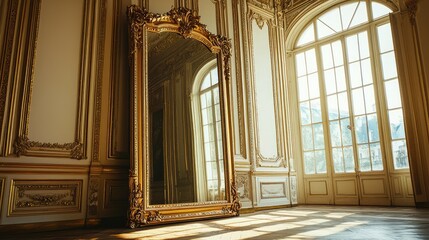 Fototapeta premium Elegant Baroque Style Room with Large Ornate Mirror Reflected Light