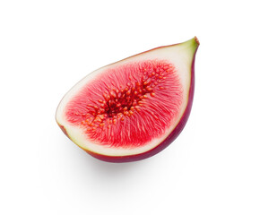 A red and white ripe fig is cut in half on transparent background