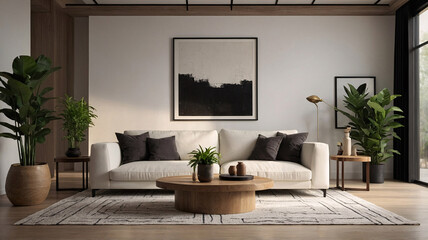 Spacious modern black and white home interior with luxurious rug cozy couch and wide windows illuminating the entire living room with natural sunlight