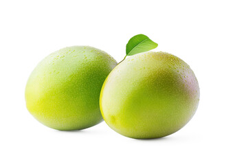 Two green fruits with a leaf on top on transparent background
