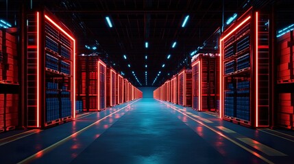 Fototapeta premium Futuristic Warehouse: Neon Lights and Industrial Design