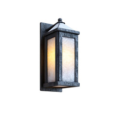 A lantern with a warm glow, featuring a rustic design and frosted glass, mounted on a wooden base.