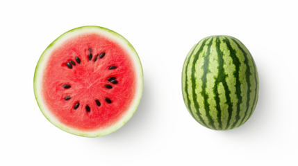 A watermelon is cut in half, revealing its juicy red interior on transparent background