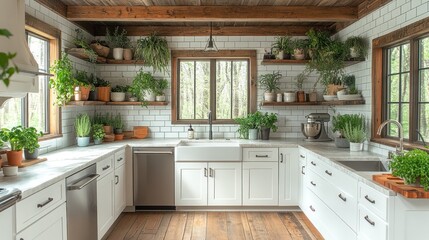 Fototapeta premium Bright kitchen with white cabinets, quartz countertops, farmhouse sink, and abundant indoor plants on open shelving.