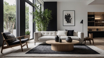 Naklejka premium Stylish black and white home interior featuring a modern couch soft rug and large windows that create an open airy and contemporary living room atmosphere