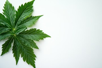 Fresh green cannabis leaves on white background.