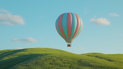Obraz premium Pastel hot air balloon floats over rolling green hills