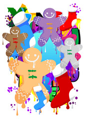 Christmas stocking and Gingerbread Man Cookie graffiti. Abstract modern street art decoration performed in urban painting style.