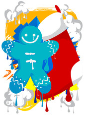 Christmas stocking and Gingerbread Man Cookie graffiti. Abstract modern street art decoration performed in urban painting style.