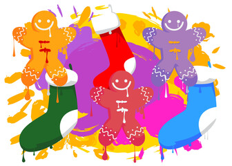 Christmas stocking and Gingerbread Man Cookie graffiti. Abstract modern street art decoration performed in urban painting style.