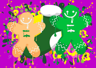 Christmas stocking and Gingerbread Man Cookie graffiti. Abstract modern street art decoration performed in urban painting style.