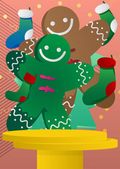 Mockup product display with Christmas stocking and Gingerbread Man Cookie. Vector cylinder pedestal podium. Stage showcase for presentation. Minimal geometric forms.