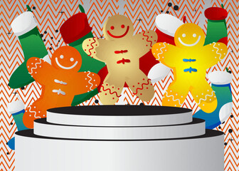 Obraz premium Mockup product display with Christmas stocking and Gingerbread Man Cookie. Vector cylinder pedestal podium. Stage showcase for presentation. Minimal geometric forms.