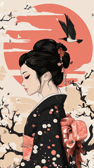 Fototapeta premium Japanese traditional culture geisha beautiful girl wearing kimono yukata illustration background