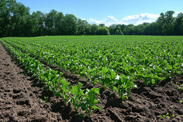 Young sugar beet plants growing in rows in a fertile field under a blue sky.