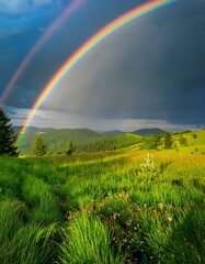 Naklejka premium 青々とした草原と雨上がりの空にかかる鮮やかな虹
