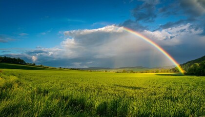 Naklejka premium 青々とした草原と雨上がりの空にかかる鮮やかな虹