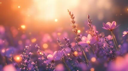 Vibrant lavender flowers at sunset, softly focused, highlighting the warm light. Ideal for showcasing lavender fields, summer landscapes, and natural healing or aromatherapy products.
