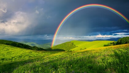 Naklejka premium 青々とした草原と雨上がりの空にかかる鮮やかな虹