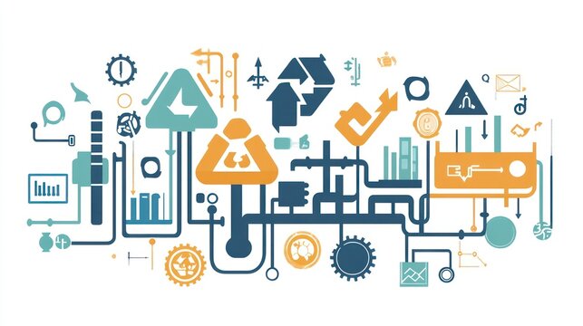 A colorful illustration featuring various technology and recycling symbols interconnected.