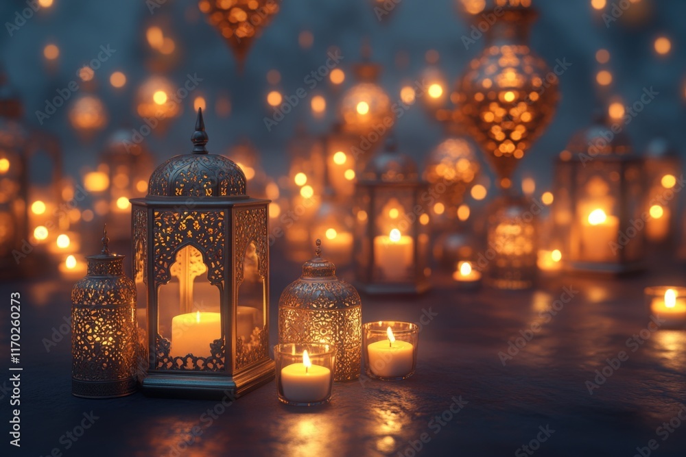 Poster collection of lanterns with candles inside them, creating a warm and inviting atmosphere. the candle