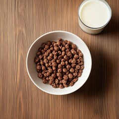 Chocolate cereal in a bowl with milk on a wooden table.