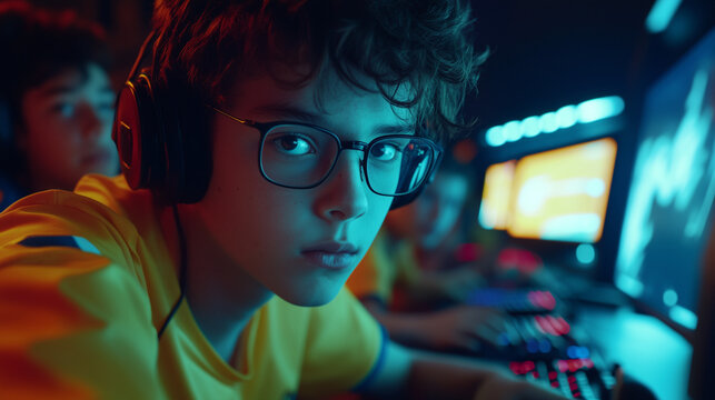 Group of teenagers playing video games in a competitive environment