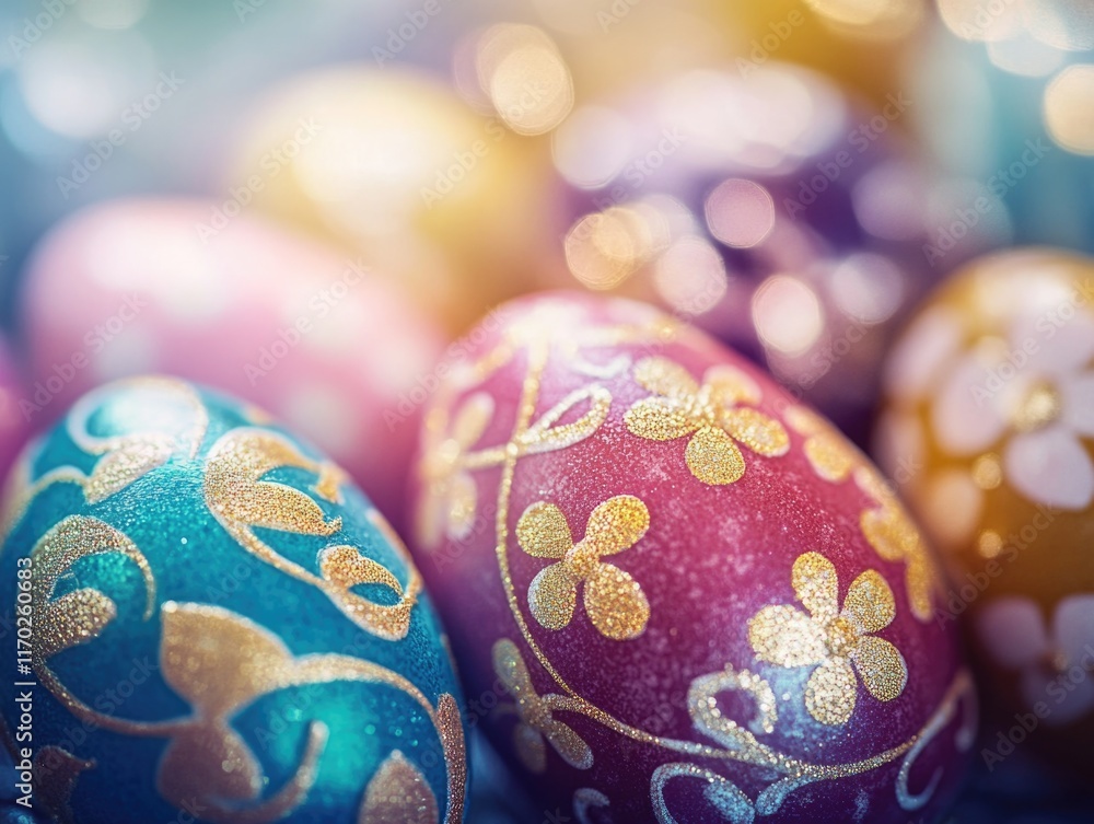 Poster group of colorful eggs with gold and blue designs on them. the eggs are arranged in a row, with some