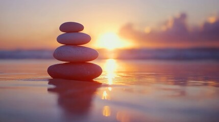 Vibrant stone stack on a beach at sunset, promoting nature relaxation, mindfulness, and harmony. Ideal for holistic health and travel themes.