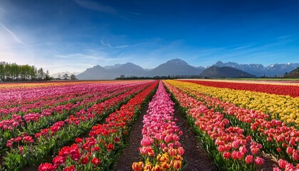 Fototapeta premium 赤、黄、ピンクの花が整然と並び、遠くに青空と春霞の山々と広大なチューリップ畑