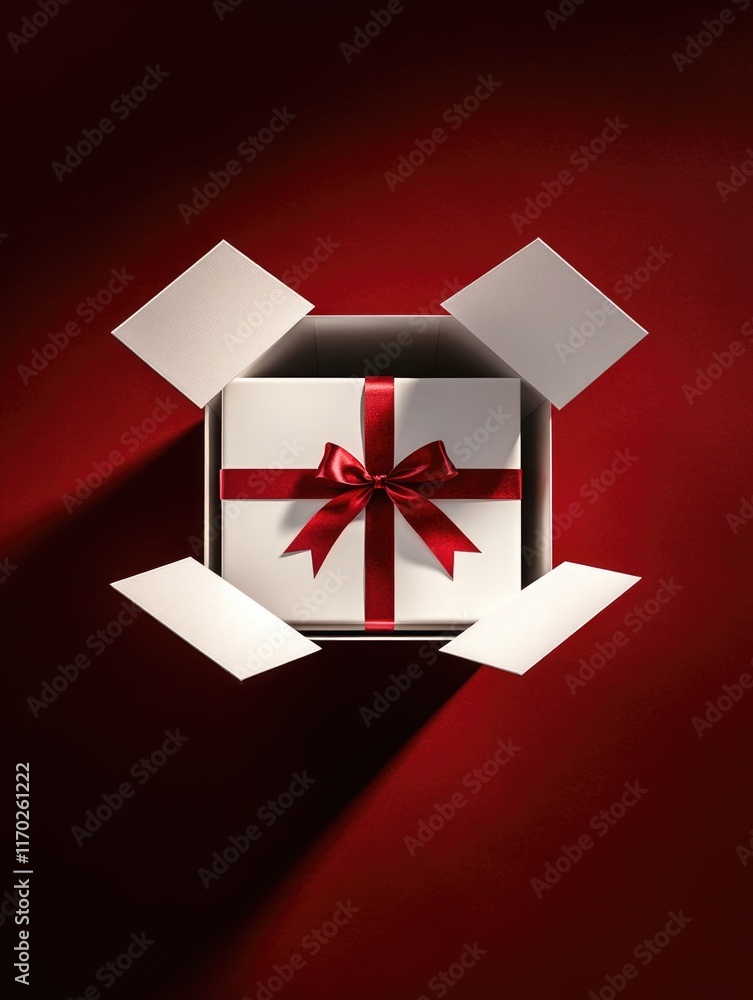 Poster white box with a red bow on top of it. the box is open and the bow is tied around the box