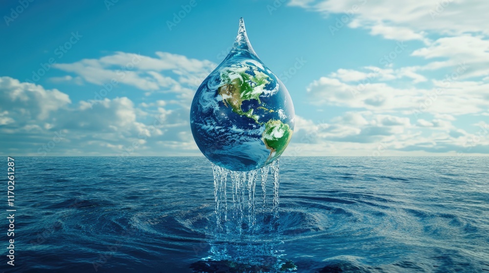 Poster water drop is falling on a globe that is floating in the ocean. the globe is surrounded by water and