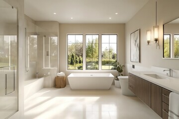 A contemporary bathroom featuring streamlined fixtures, neutral tones, and minimalistic decor. Utilize clean lines, large windows for natural light, and integrated storage solutions. 