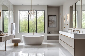 Fototapeta premium A contemporary bathroom featuring streamlined fixtures, neutral tones, and minimalistic decor. Utilize clean lines, large windows for natural light, 