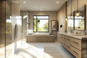 Fototapeta premium A contemporary bathroom featuring streamlined fixtures, neutral tones, and minimalistic decor. Utilize clean lines, large windows for natural light, and integrated storage solutions. 